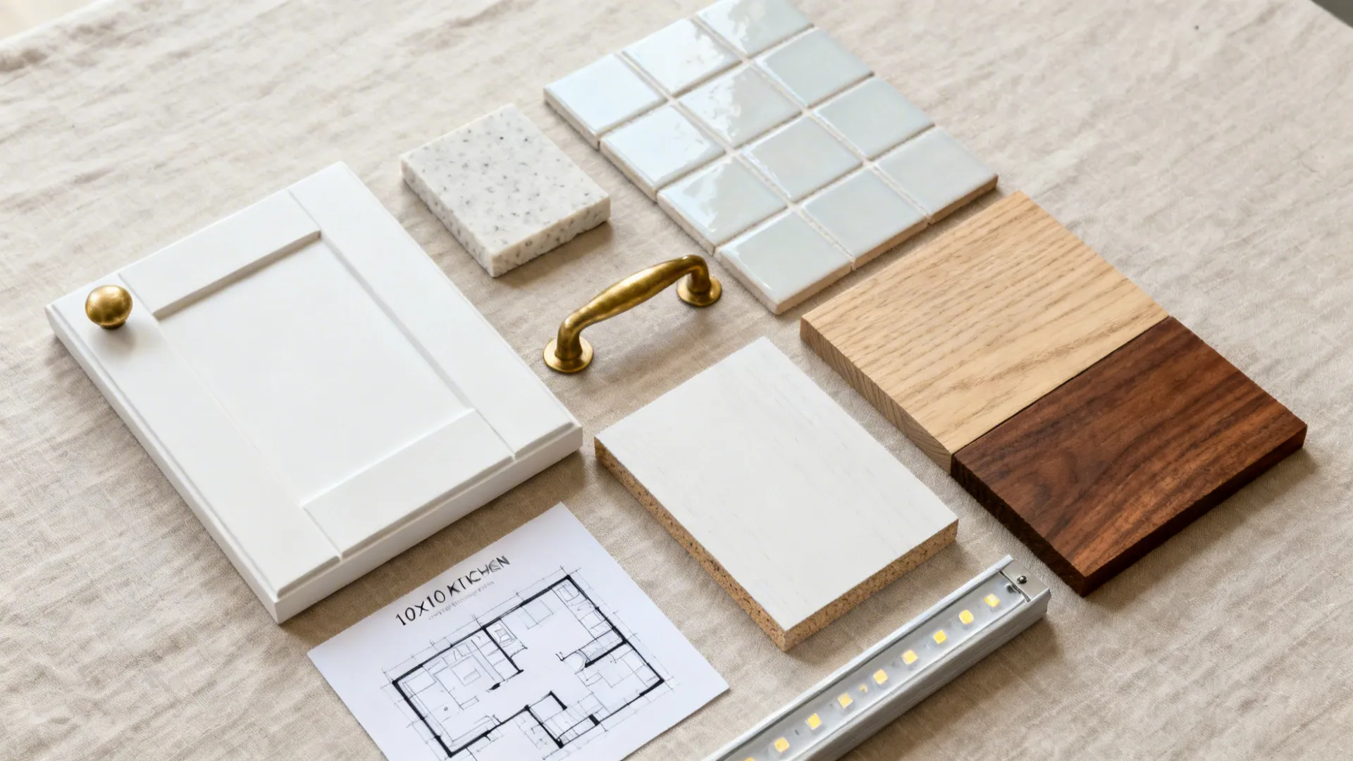 Flat lay of samples: matte white cabinet, quartz, glazed tile, brass pull, oak and walnut, LED strip, and plan sketch.