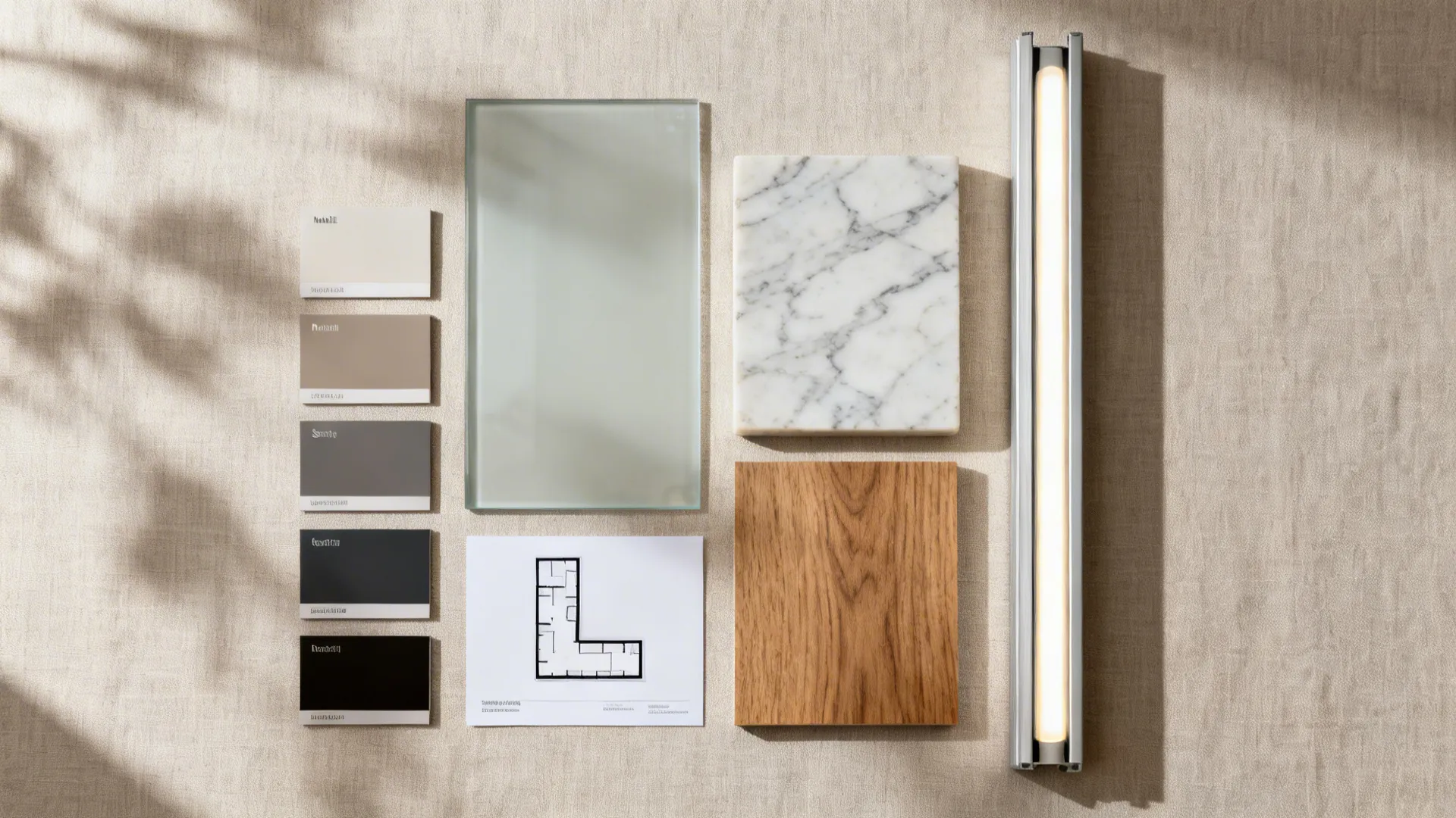 Interior design mood board with marble wood glass color samples floor plan and light fixture
