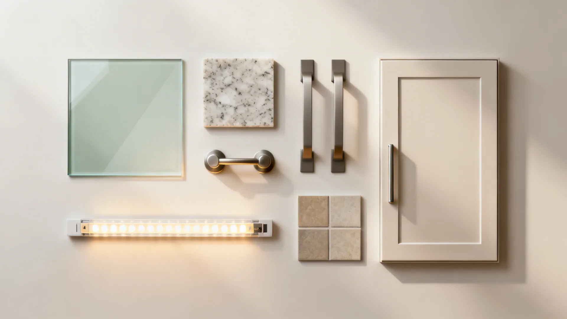 Flat lay with glass, quartz, hardware, LED strip, and cabinet profile summarizing the design