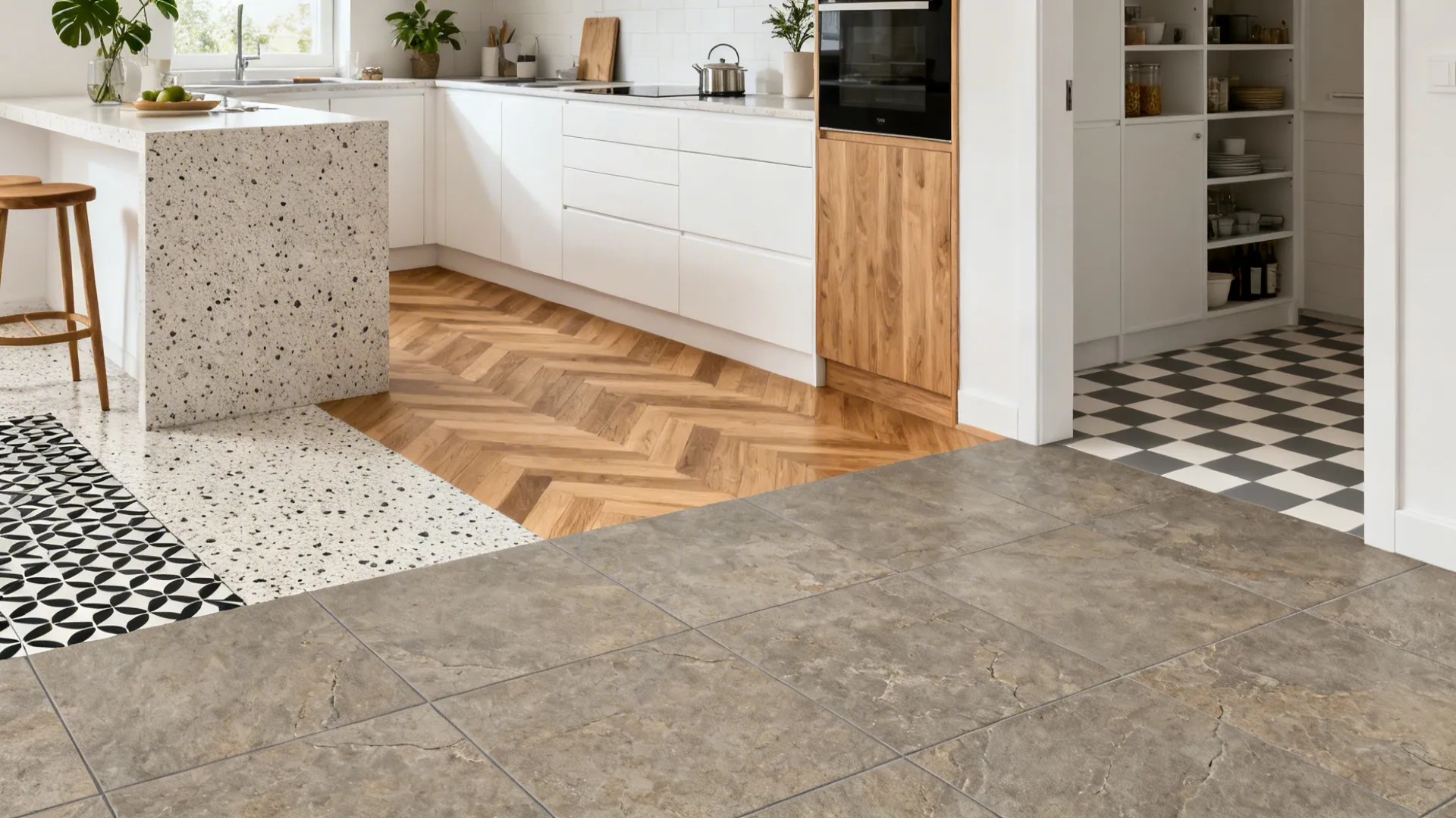 Compact kitchen montage showing five floor tile looks in cohesive white-and-oak cabinetry.