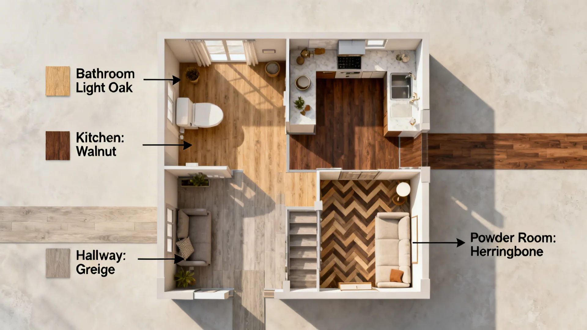 Top-down small apartment plan showing vinyl wood patterns and transitions by zone.