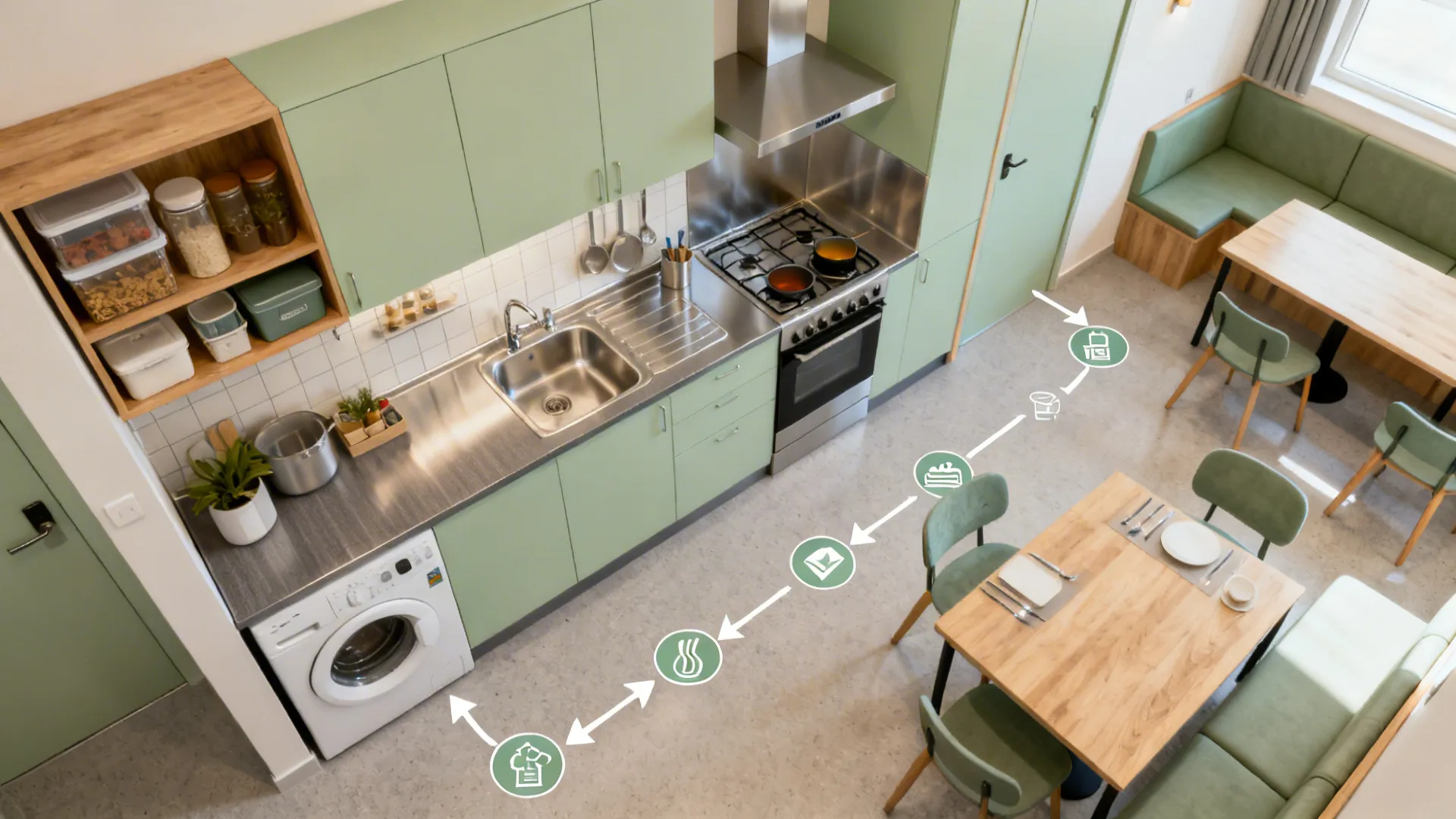 Top-down storyboard showing hostel kitchen flow from storage to dining with clear zones.