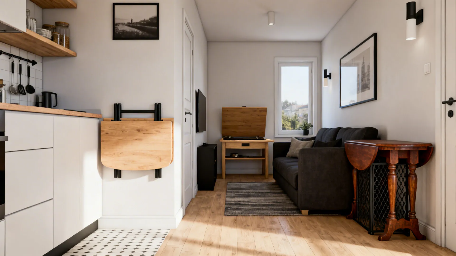 Small apartment interior design drawing featuring a wall mounted folding table, black sofa, and kitchen