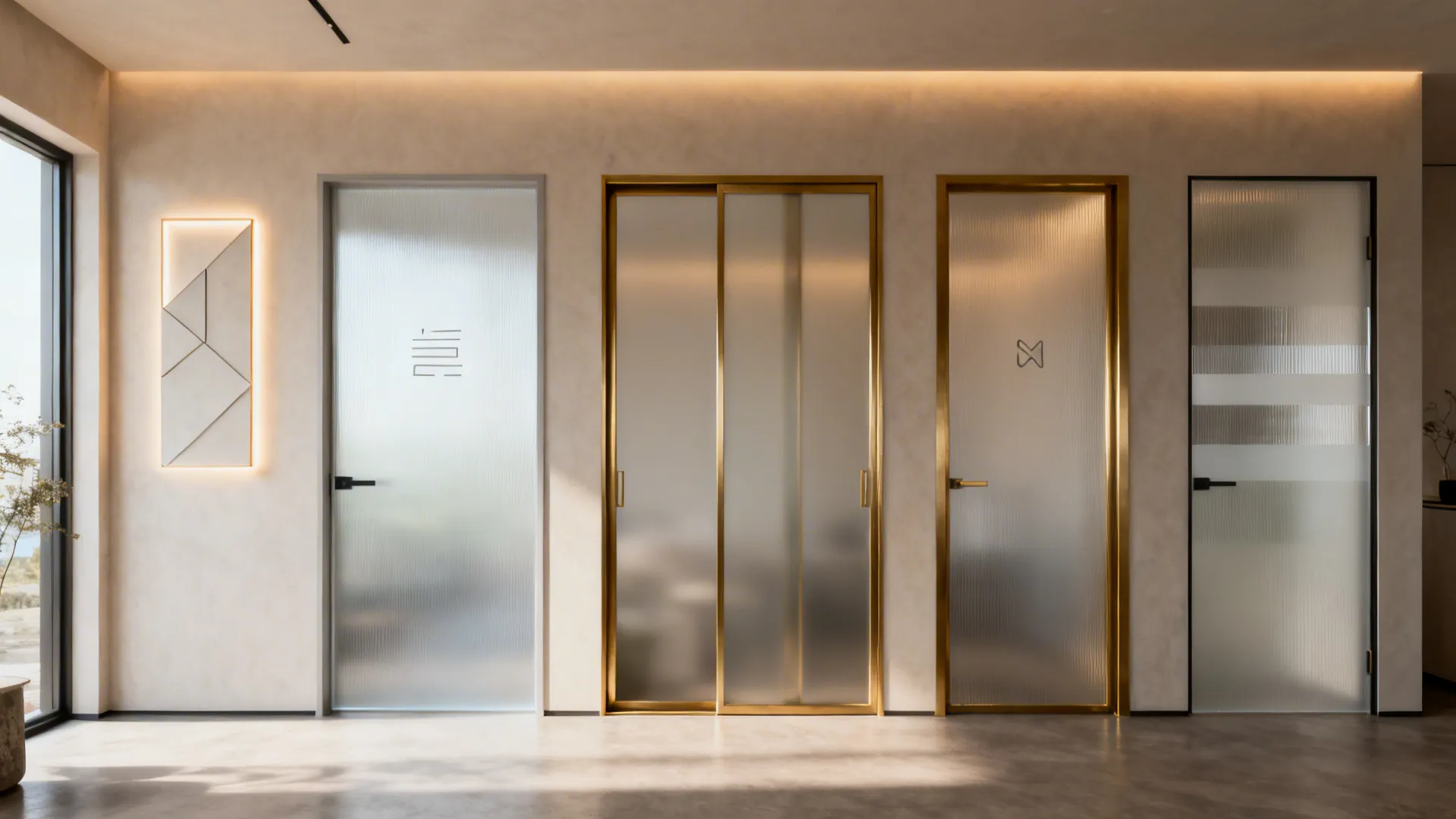 Row of four frosted glass doors with gold and silver frames in a bright modern room