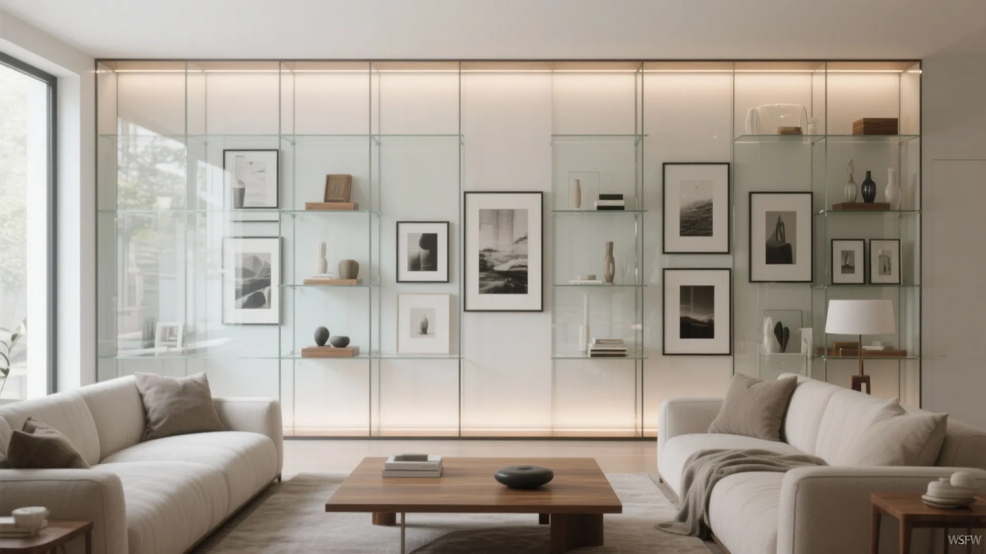 Modern living room with glass wall shelves displaying pictures and cream sofas with wood table