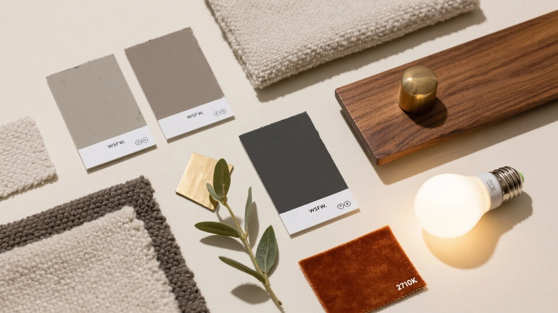 Material collection with color swatches wood piece carpet samples glowing light bulb and green leaf