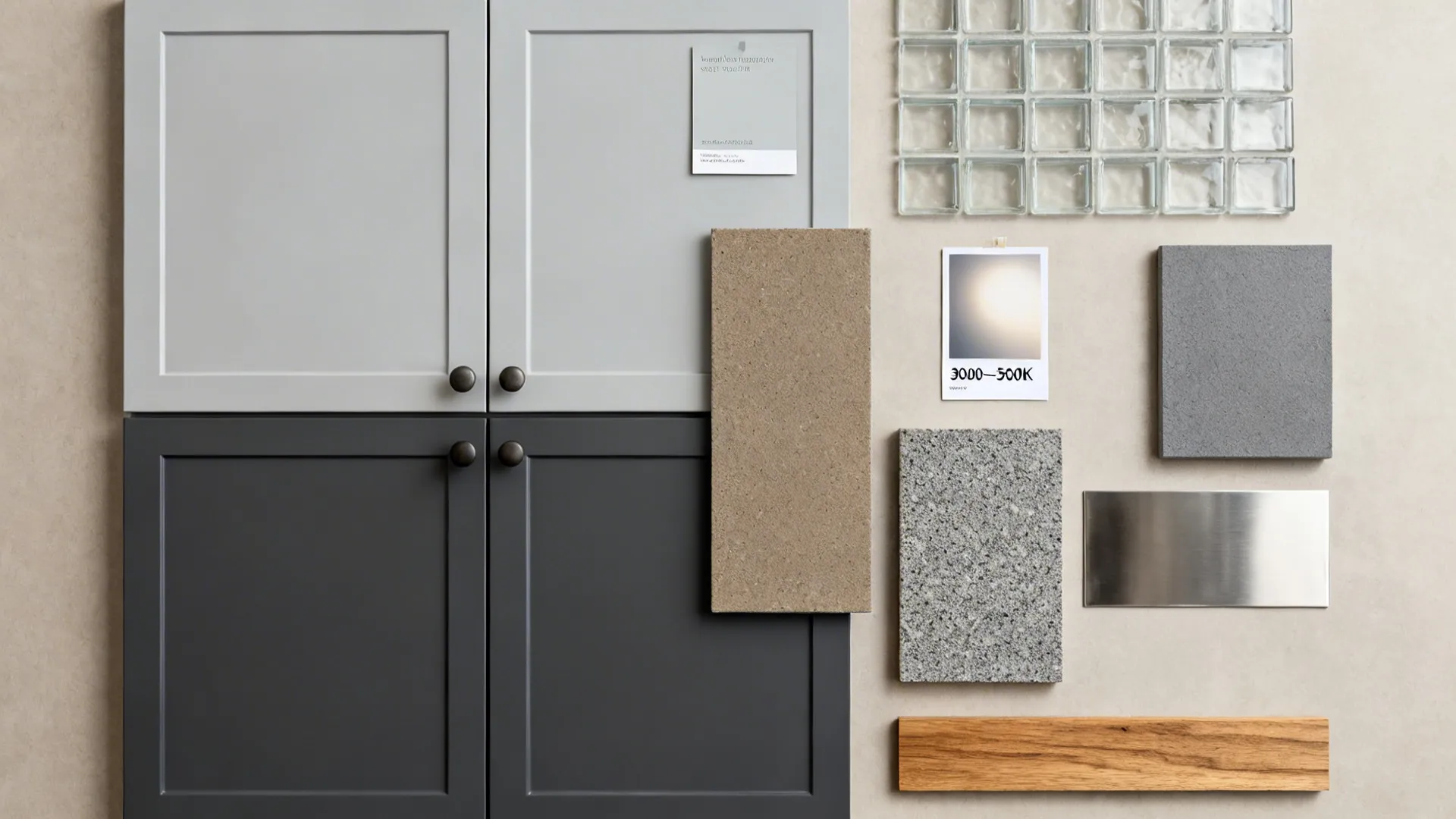 Flatlay of grey paint chips, quartz, stainless, glass, oak, and lighting reference.