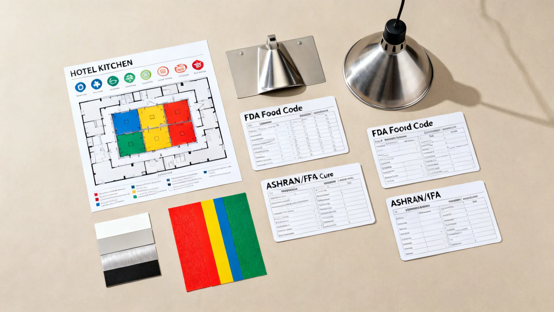 Hotel kitchen floor plan with food code documents color samples and a metal light fixture