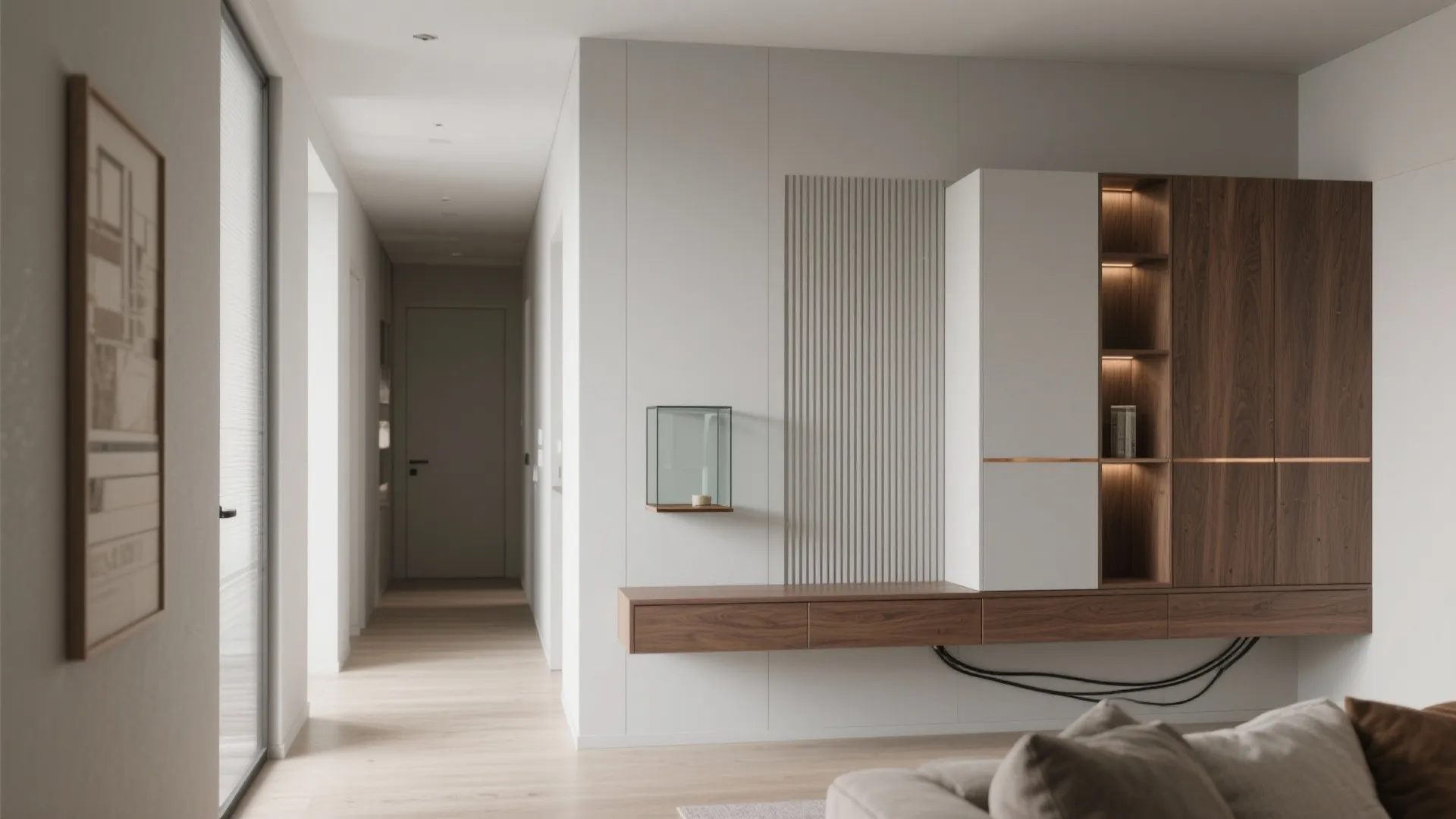 Minimalist hallway design featuring a floating wood cabinet and white wall panels with a long corridor