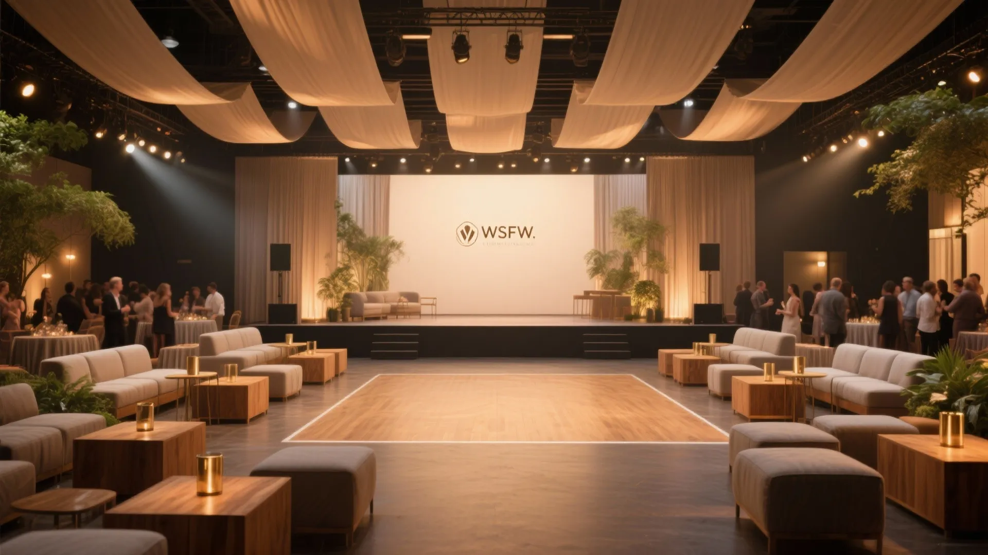 Large event hall with stage wood dance floor grey sofas and white fabric ceiling decorations