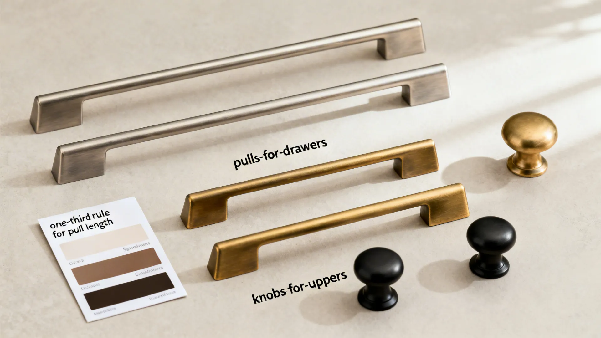 Flat lay of knobs, pulls, and finish swatches summarizing hardware choices.