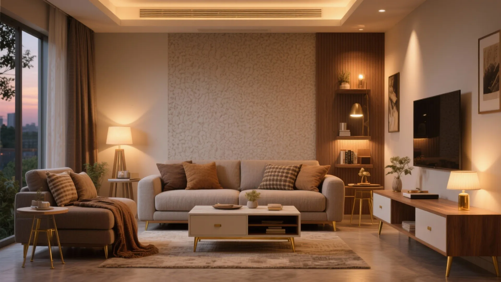Modern living room featuring a grey sofa wooden furniture warm floor lamps and television set