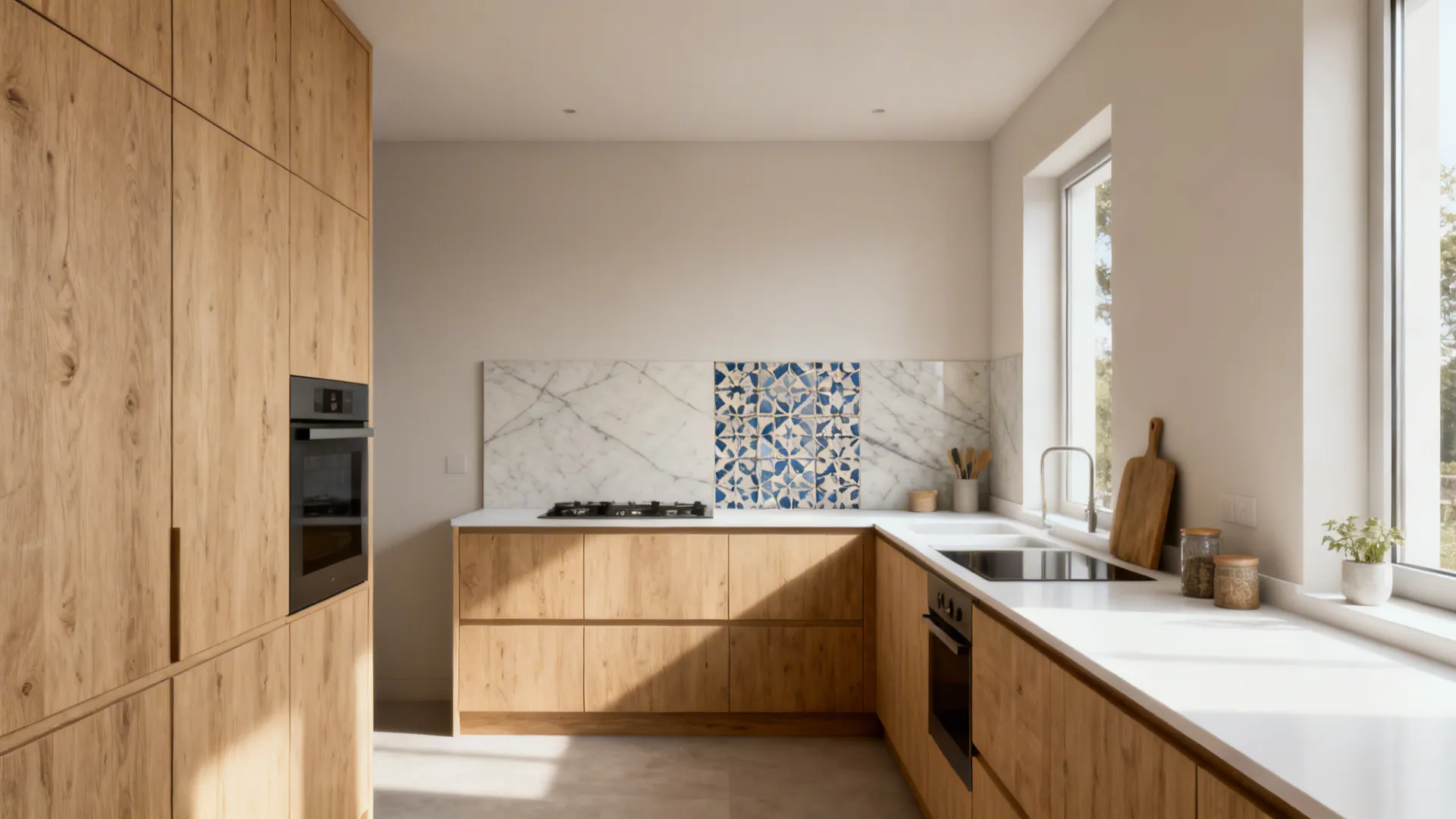 Small kitchen with a single hero backsplash and restrained surrounding finishes.