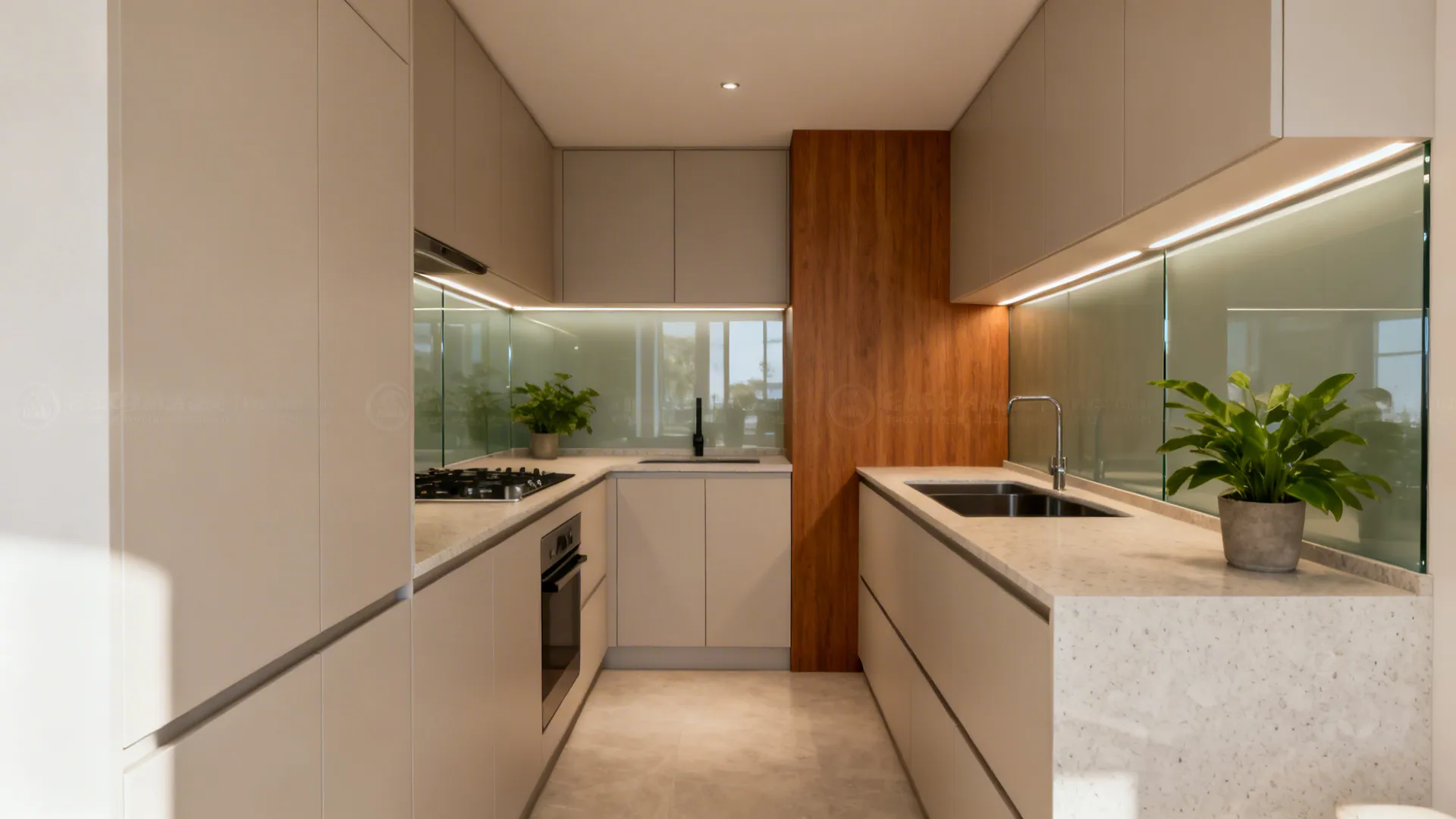 Small modern kitchen combining slab cabinets, glass backsplash, wood accent, and layered lighting.