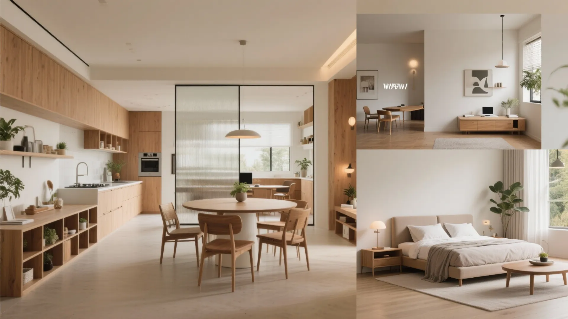 Collage of interior designs including a kitchen dining area office desk and a cozy modern bedroom