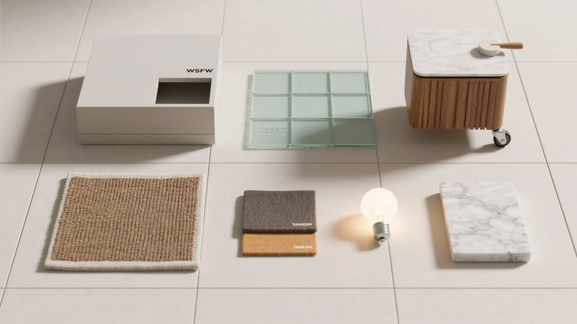Interior design materials including marble tile wood cabinet fabric samples glass and a light bulb