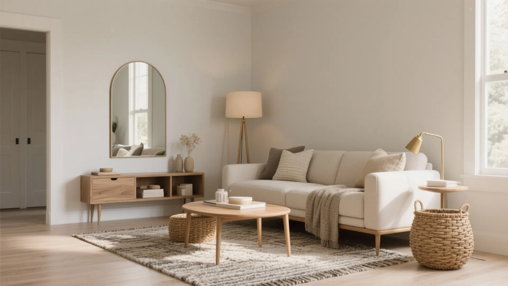 Modern warm living room with beige sofa wood coffee table arch mirror and large floor lamp