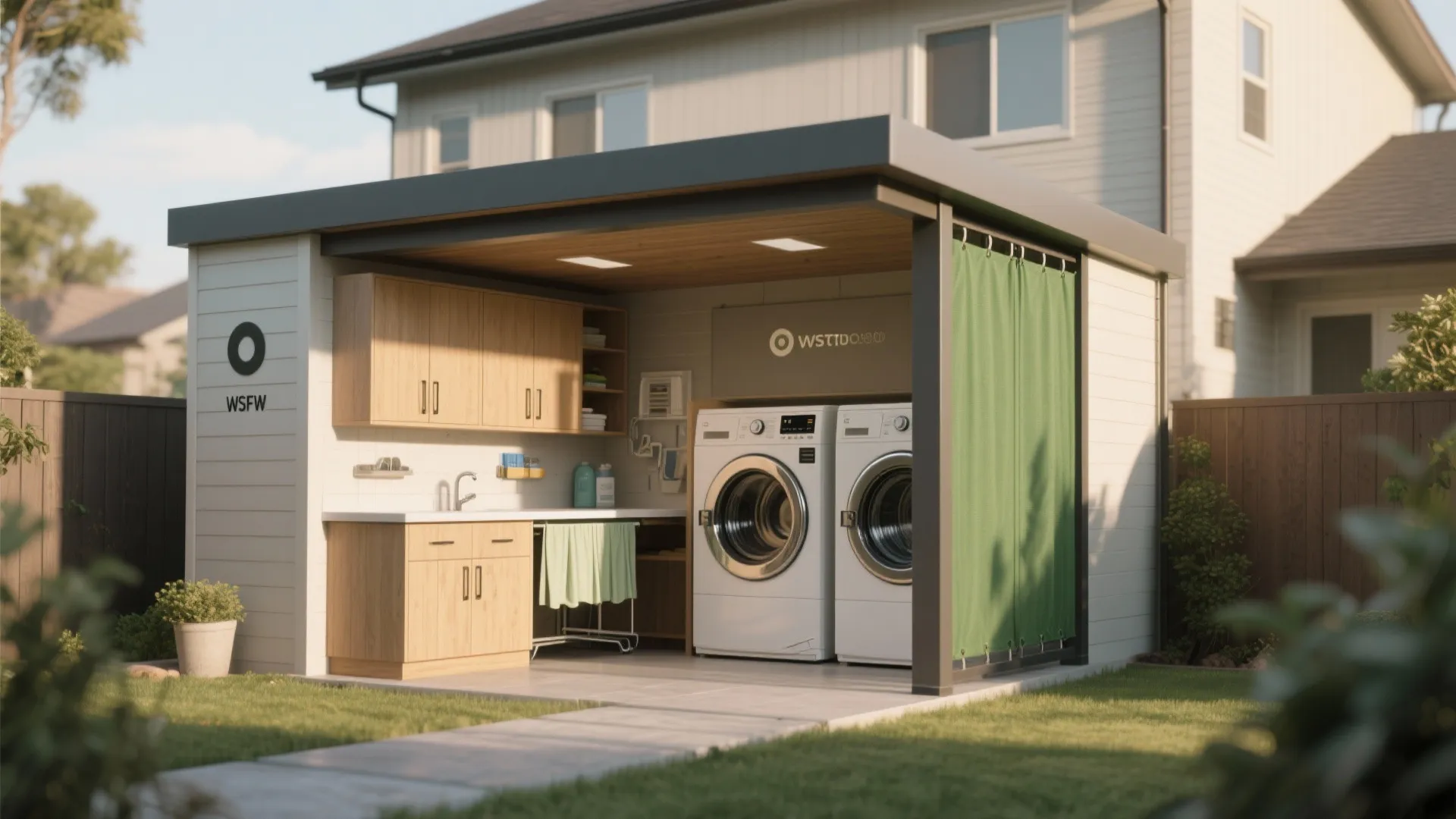 Integrated outdoor laundry nook showing cohesive materials, storage, and green screening that blend with the house exterior.