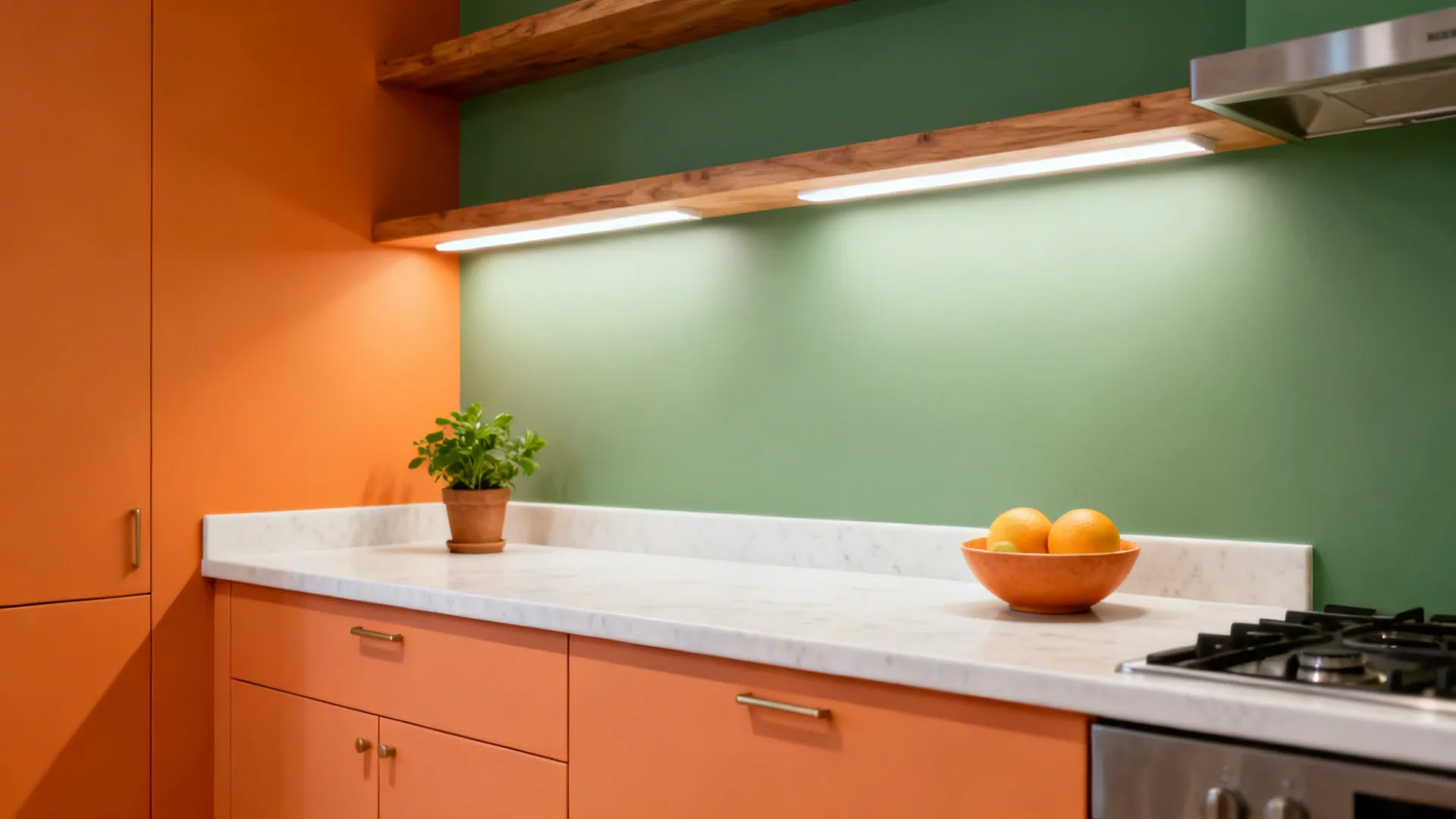 Small kitchen with sage walls, apricot bases, oak shelves, and warm layered lighting.
