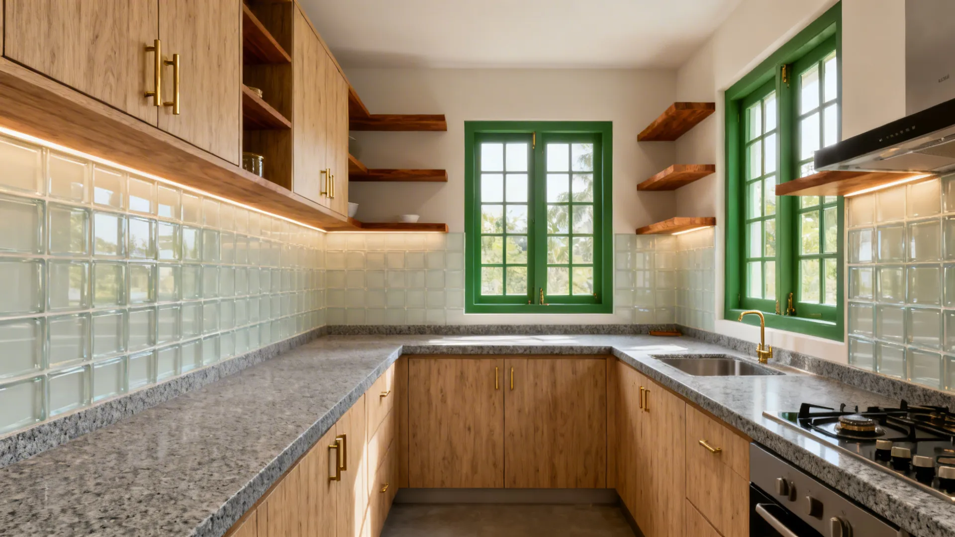 Compact Kerala kitchen showing L-shape, glass backsplash, laminate on ply, and brass-accented teak ledges.