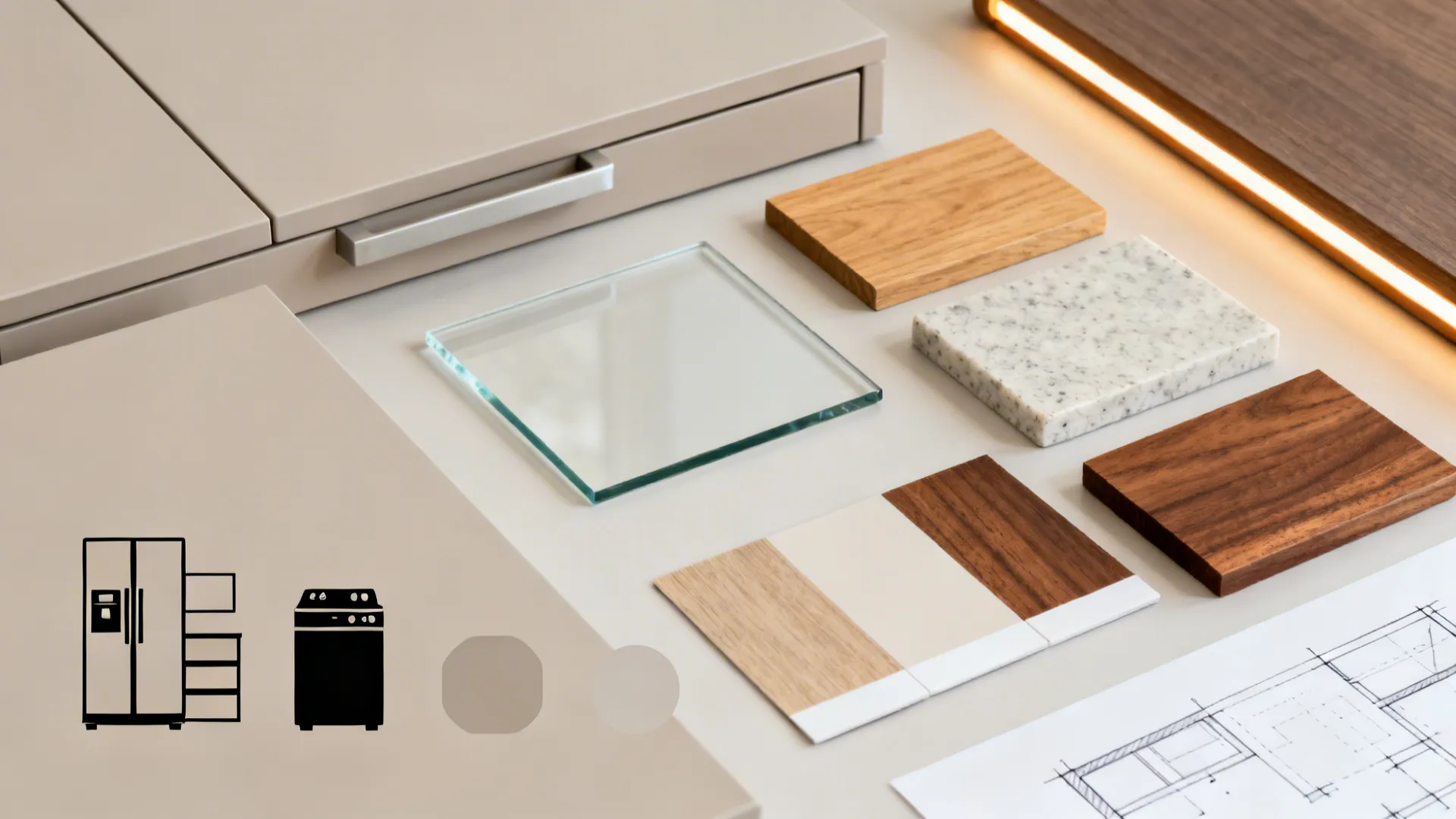 Flat lay of materials and compact appliance cues for a smart 6x4 kitchen.