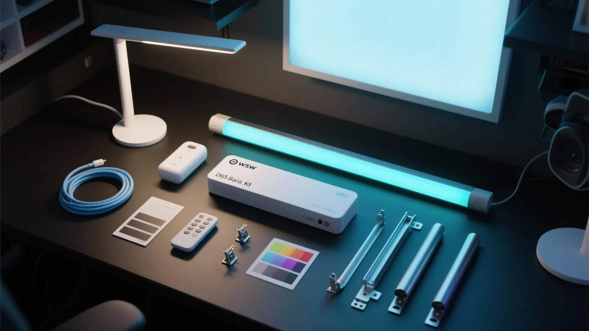 Table top view of lighting kit components including light bar white desk lamp and remote control