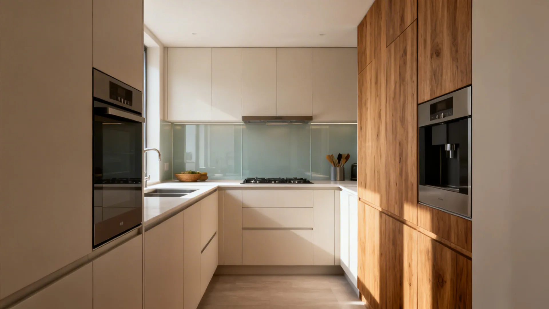 Compact kitchen combining minimalist storage, L-shaped layout, glass backsplash, and wood accents.