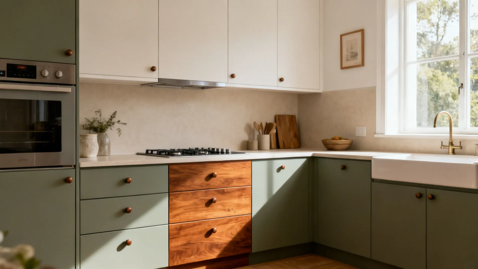 Compact kitchen with two-tone cabinets, drawer bases, and a single wood accent feature.