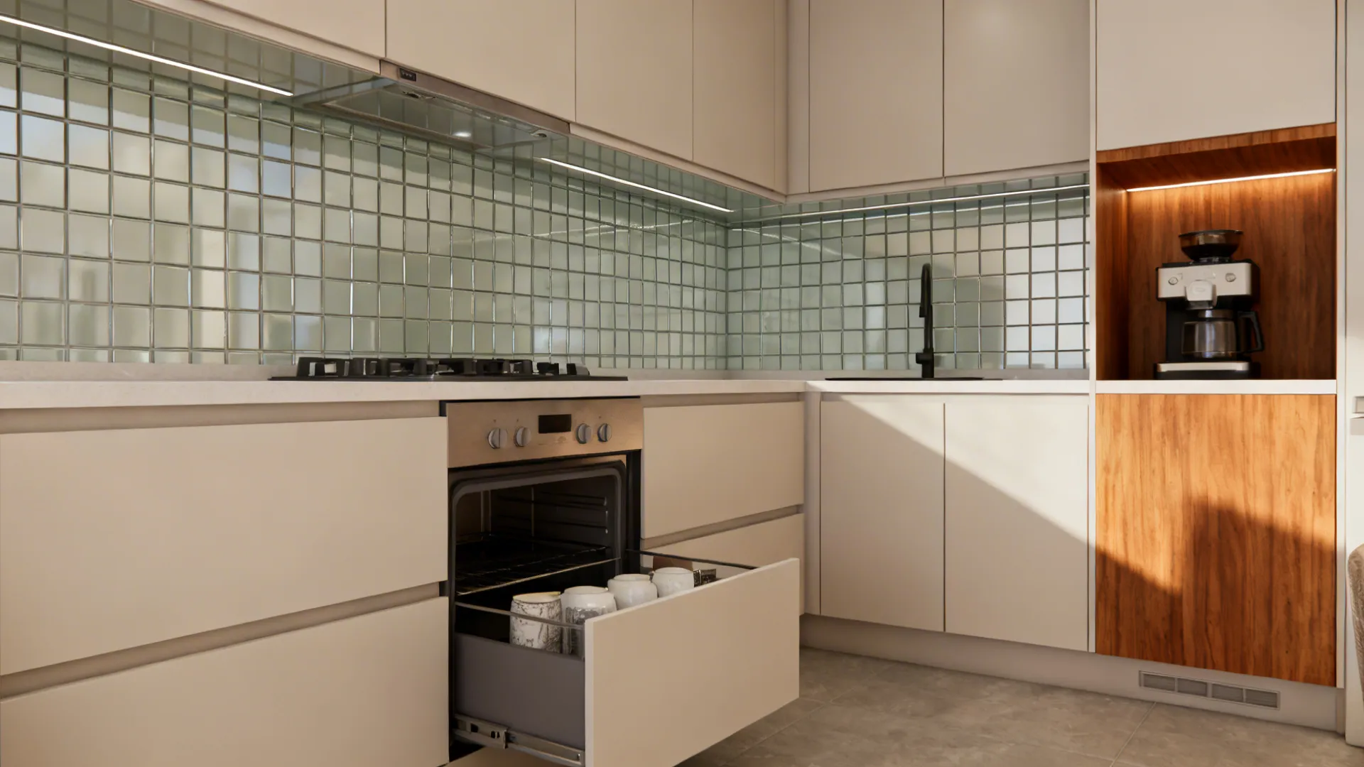 Compact modern kitchen with aligned grid, glass backsplash, deep drawers, and wood accents.
