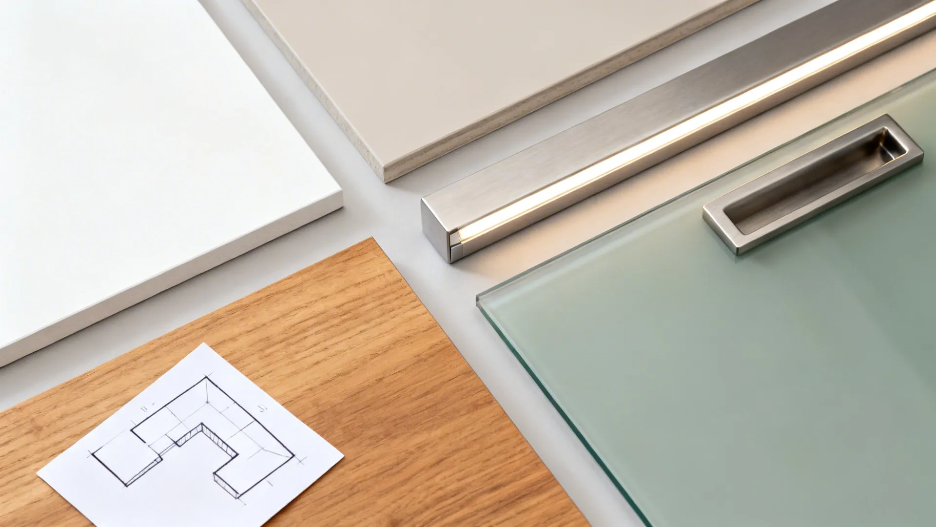 Flat lay of light base materials, oak veneer, glass sample, hardware, and LED strip.