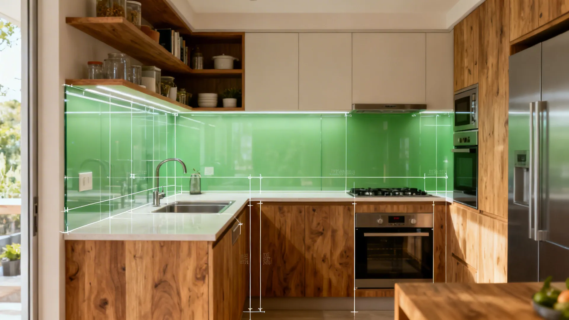 Compact kitchen with glass backsplash and wood accents, overlaid with subtle service clearances.