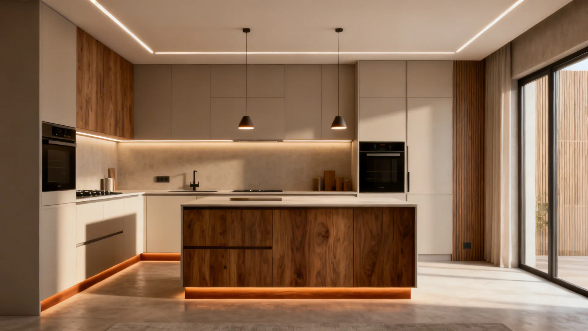 Minimalist modular kitchen showing ambient, task, accent, and pendant lighting working together.