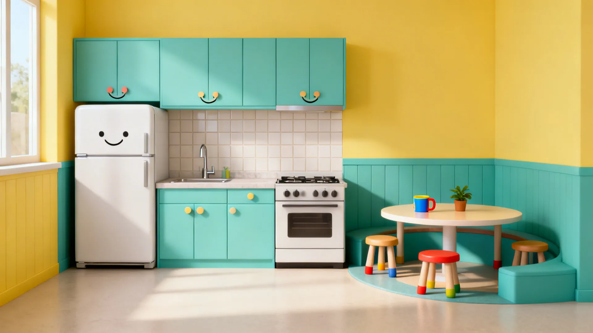 Airy small kitchen with block layout, playful hardware, two-tone backsplash, and a cozy round-table nook.