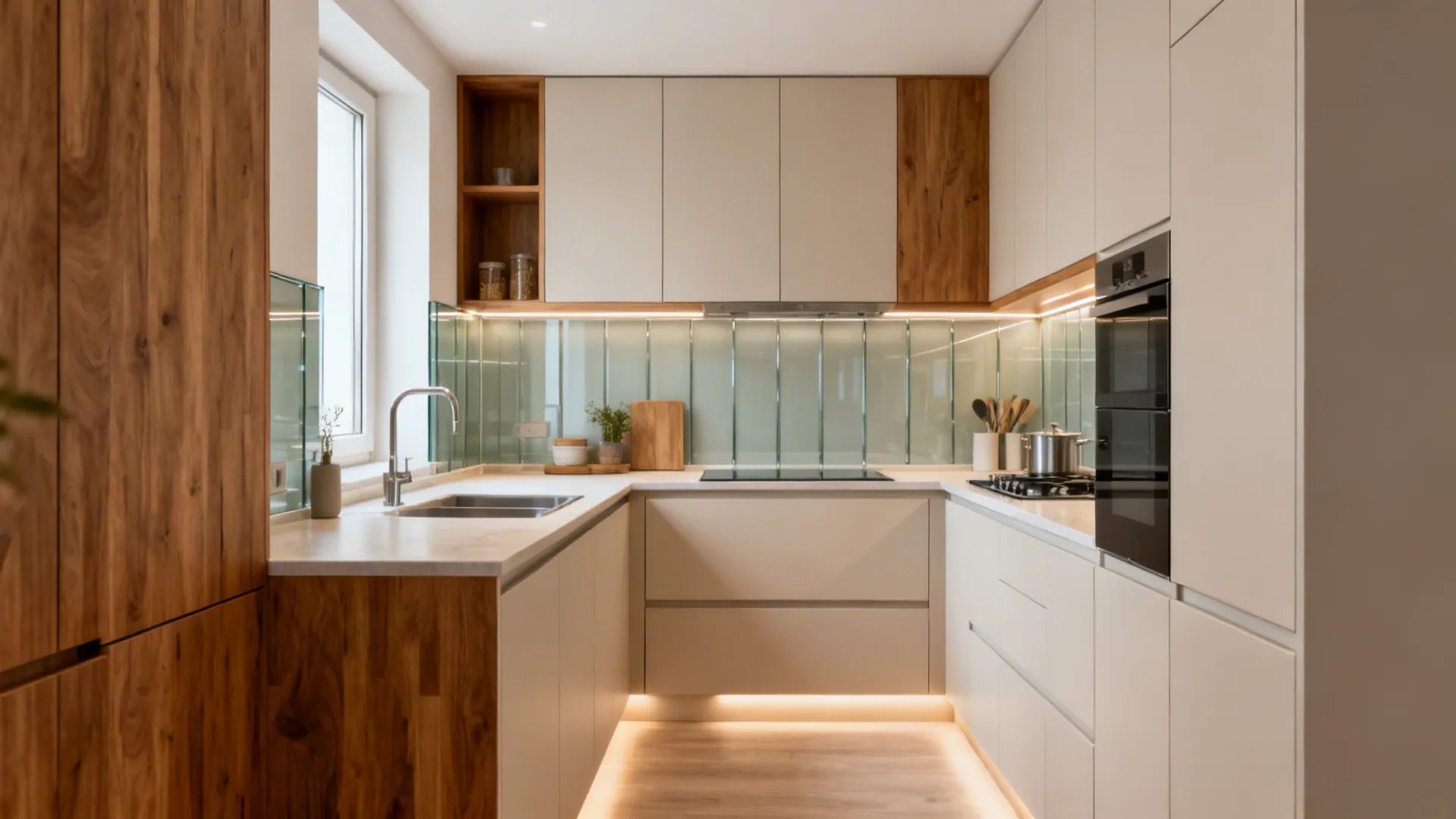 Finished small L-shaped kitchen with matte fronts, wood accents, glass backsplash, and a clear work triangle.