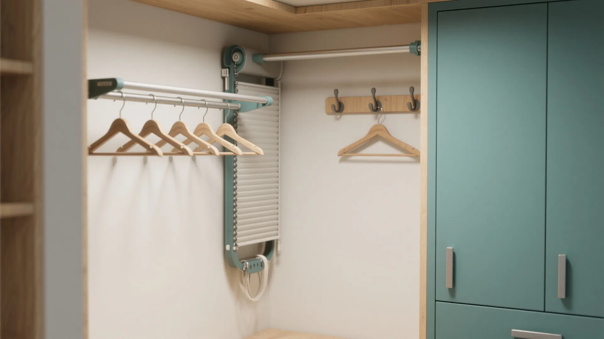 Modern laundry room storage solution with wooden hangers hanging on a metal rack inside cabinet