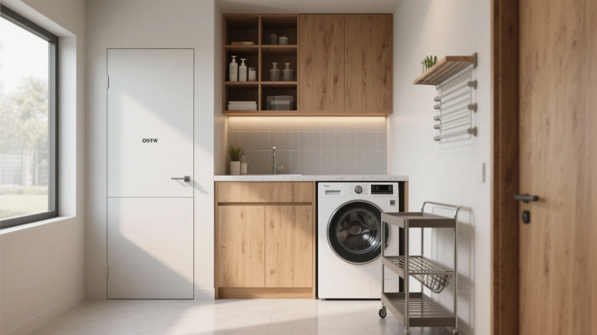 Bright laundry area featuring wooden cabinets a white washing machine metal cart and large glass window