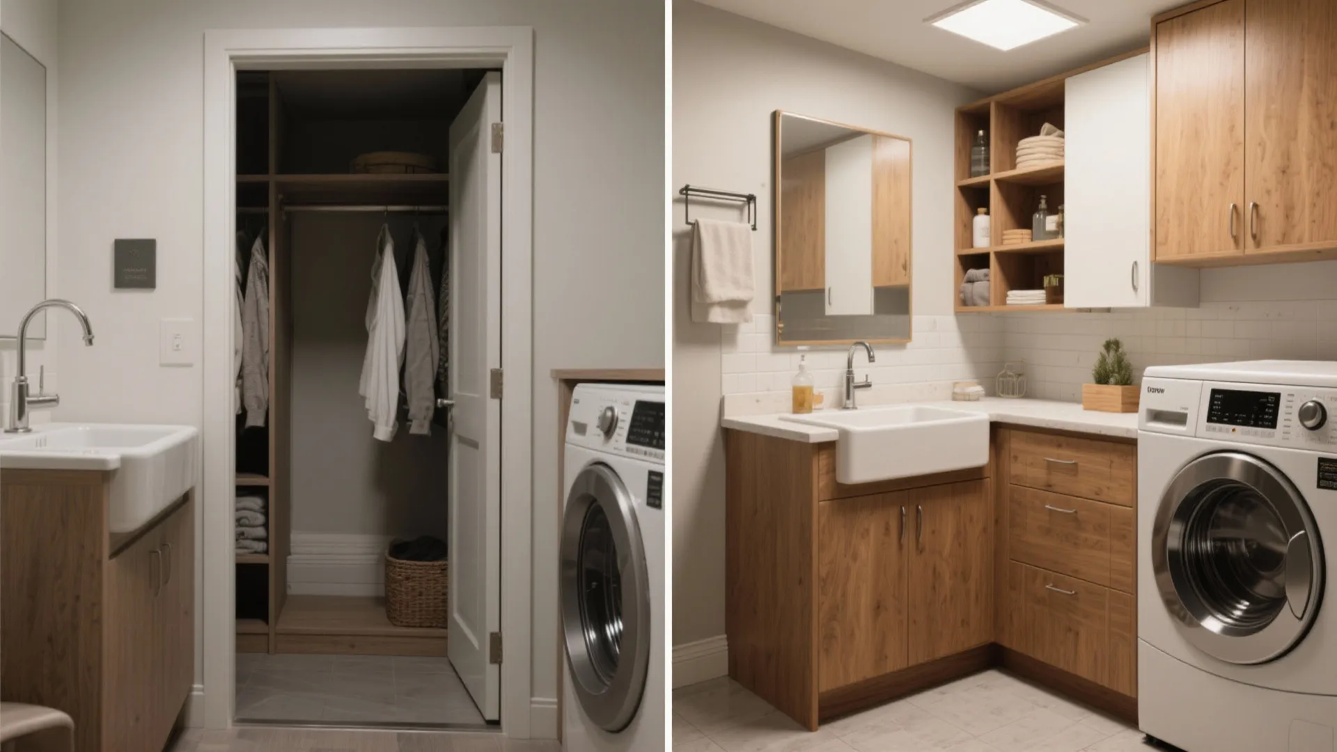 Modern laundry room and walk-in closet with wooden cabinets, white sink, and front-loading washing machine