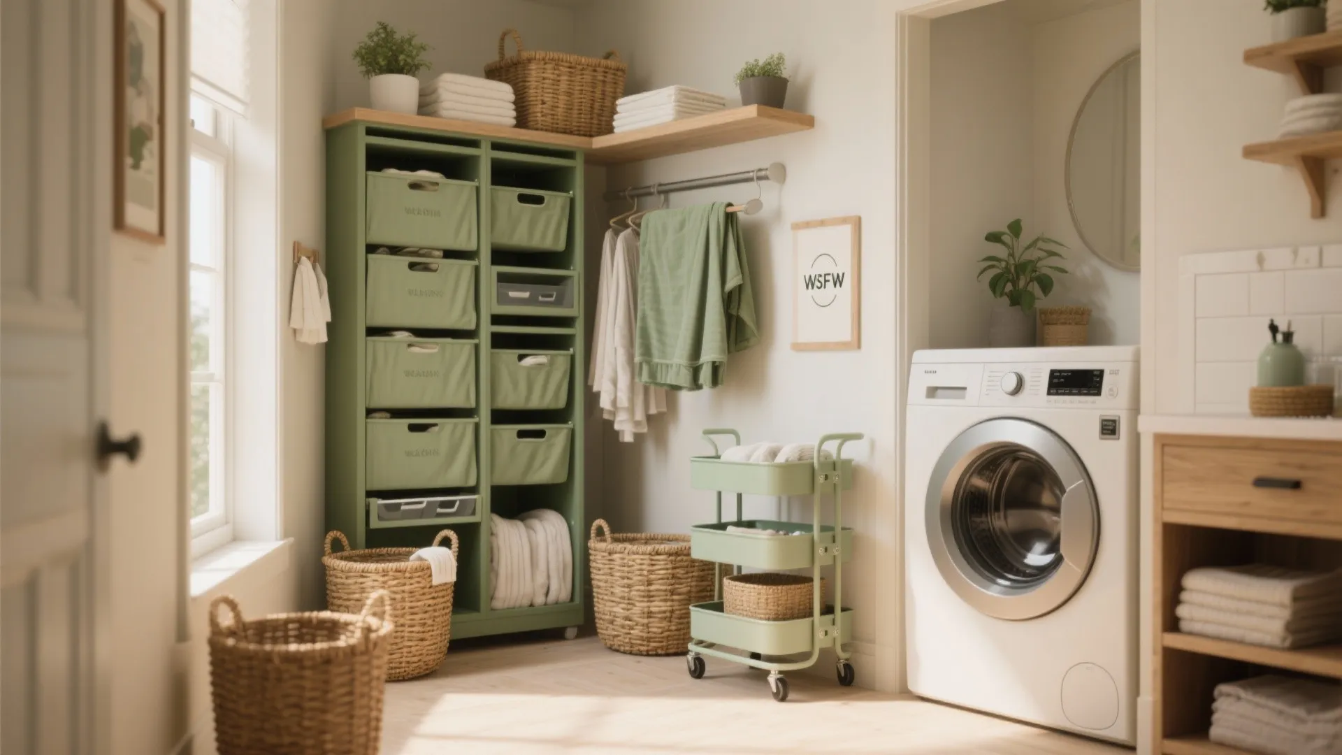 Green laundry room with washing machine storage cabinets rolling cart wicker baskets and wooden shelves