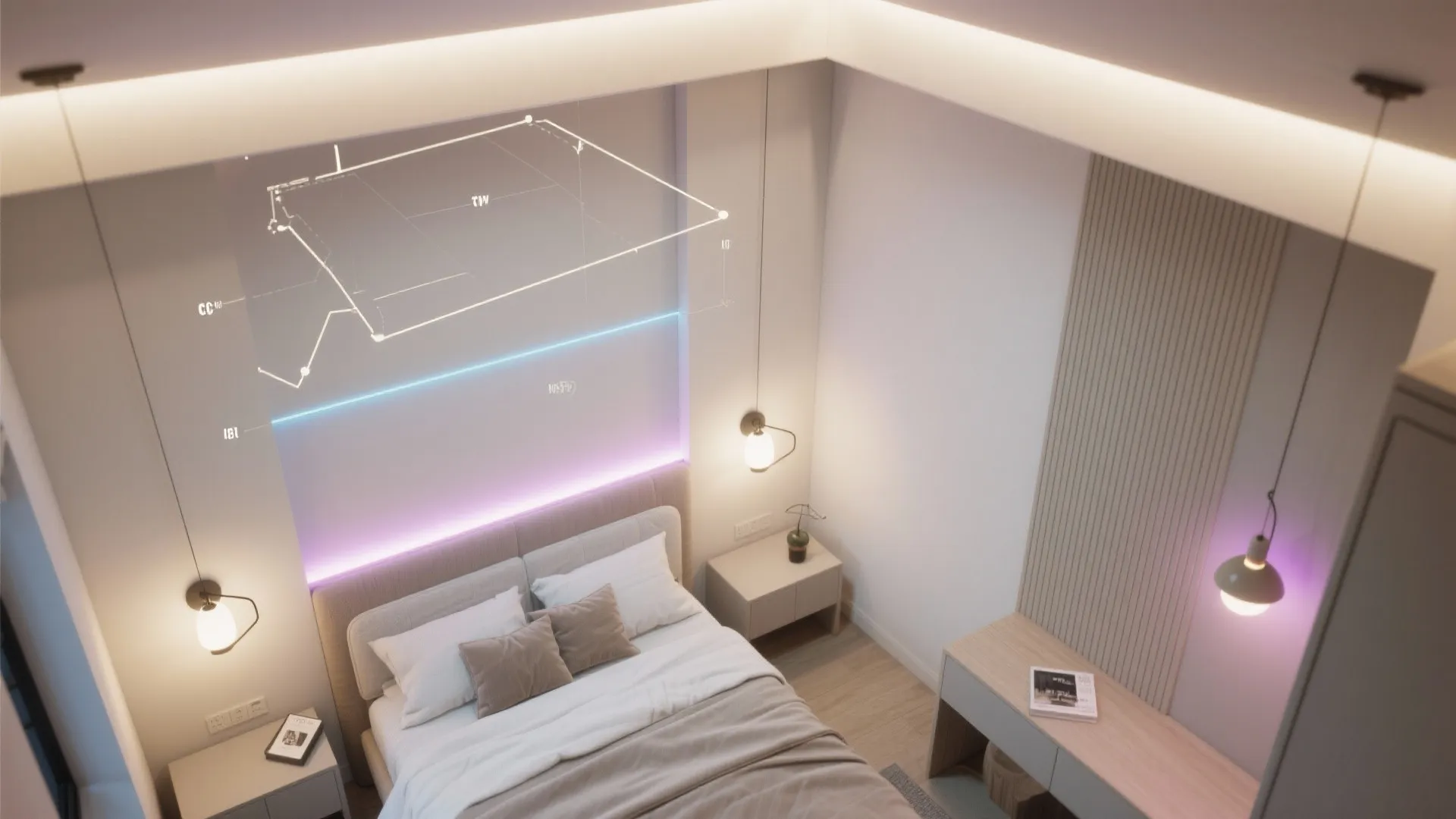Modern bedroom interior design drawing showing bed wall light and neon lighting with room layout