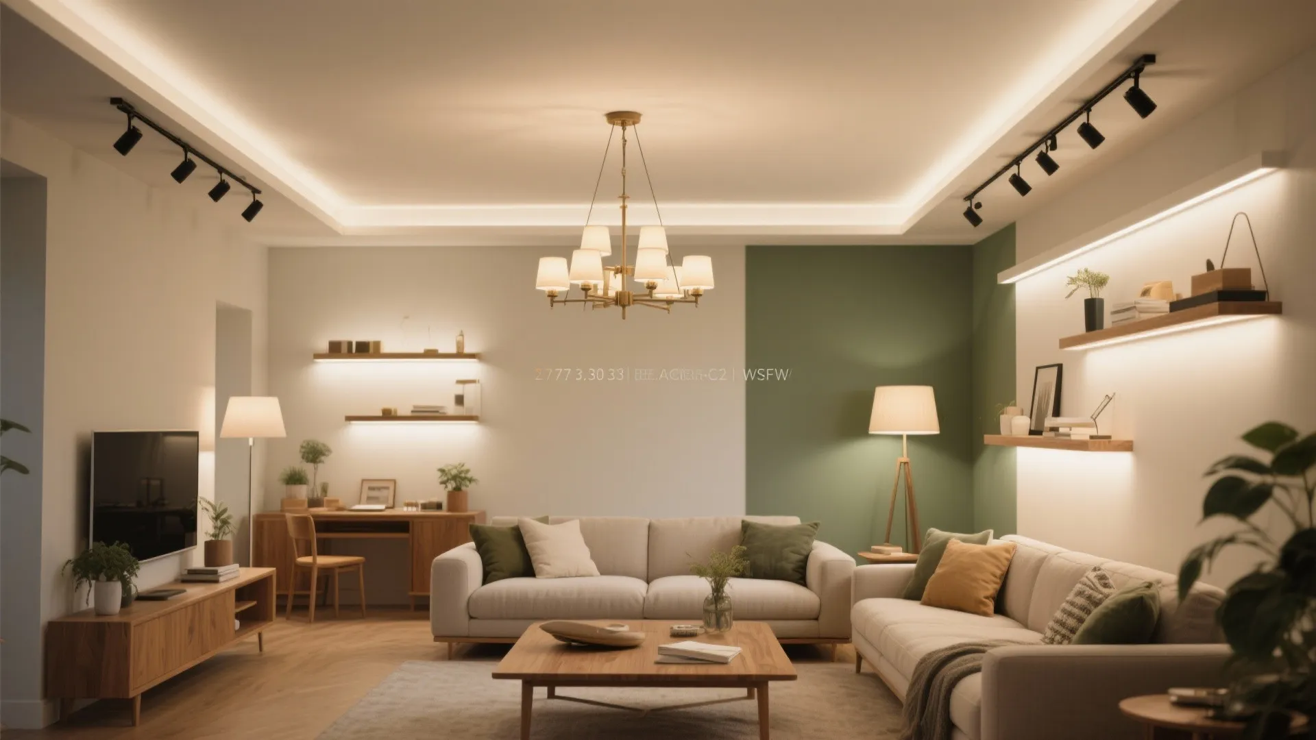 Modern living room featuring layered lighting with a ceiling light floor lamp and track lights
