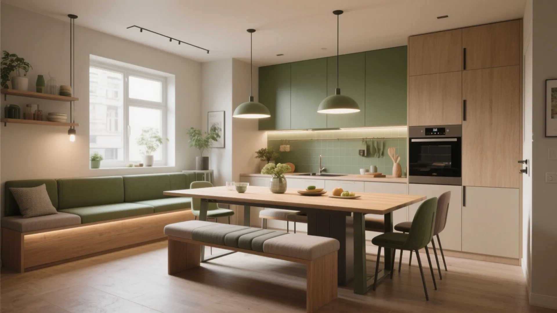 Cohesive compact dining layout showing the extendable table with layered lighting, mixed materials, seating and anchors.