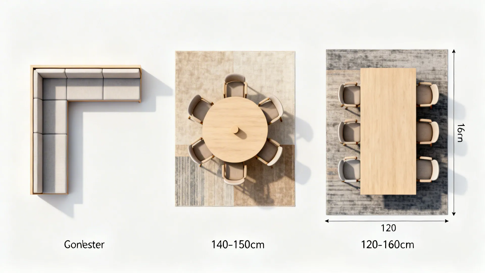Top-down comparison of three compact 6-seat dining layouts with clear spacing.