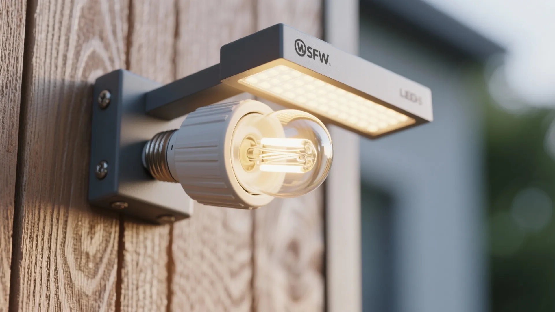 Close up of a wall light fixture with a glowing bulb on a wooden wall panel