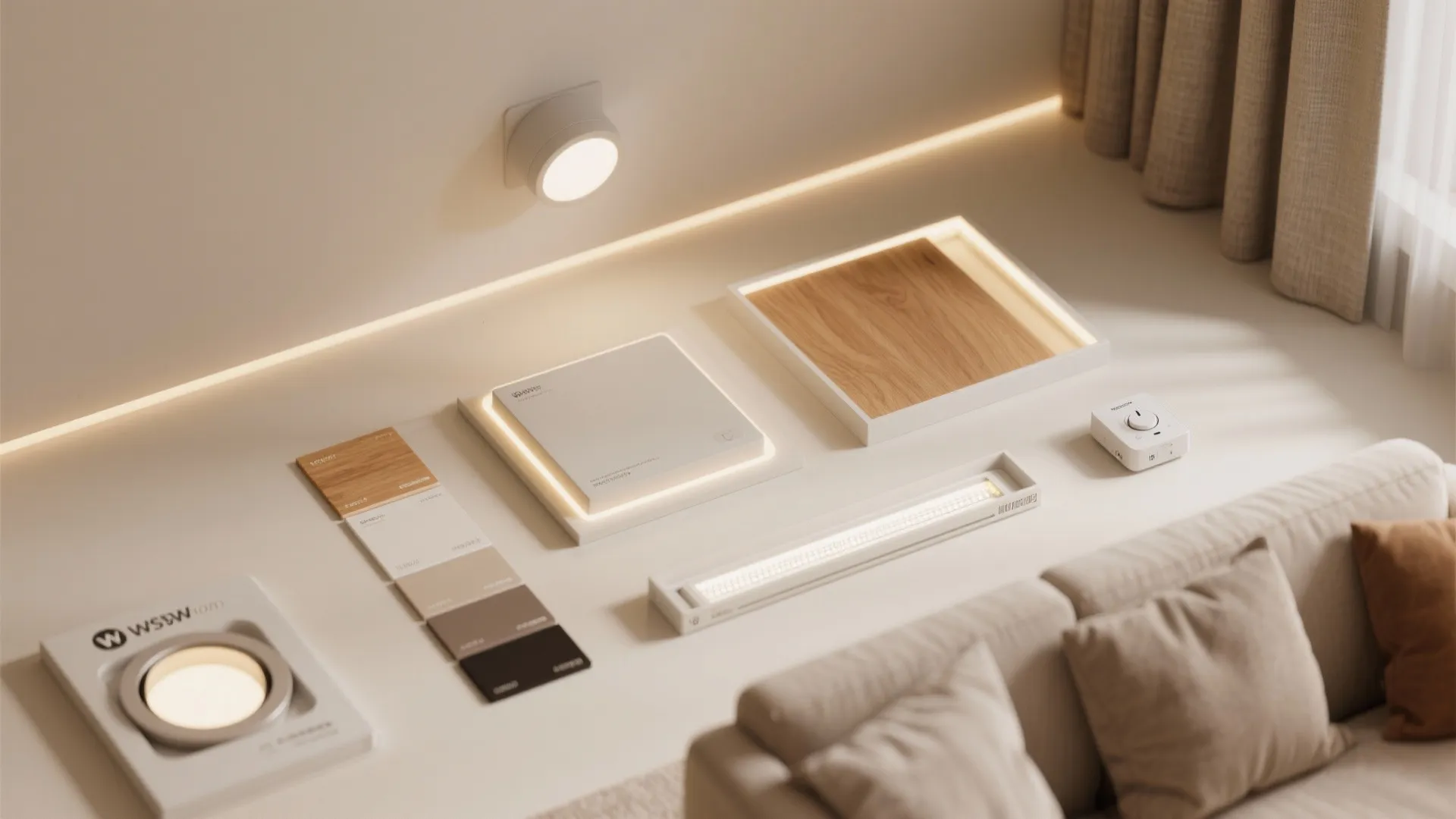 Flatlay of ceiling paint, wood, fabrics, trims, LED strip, and smart dimmer summarizing living room lighting strategy.