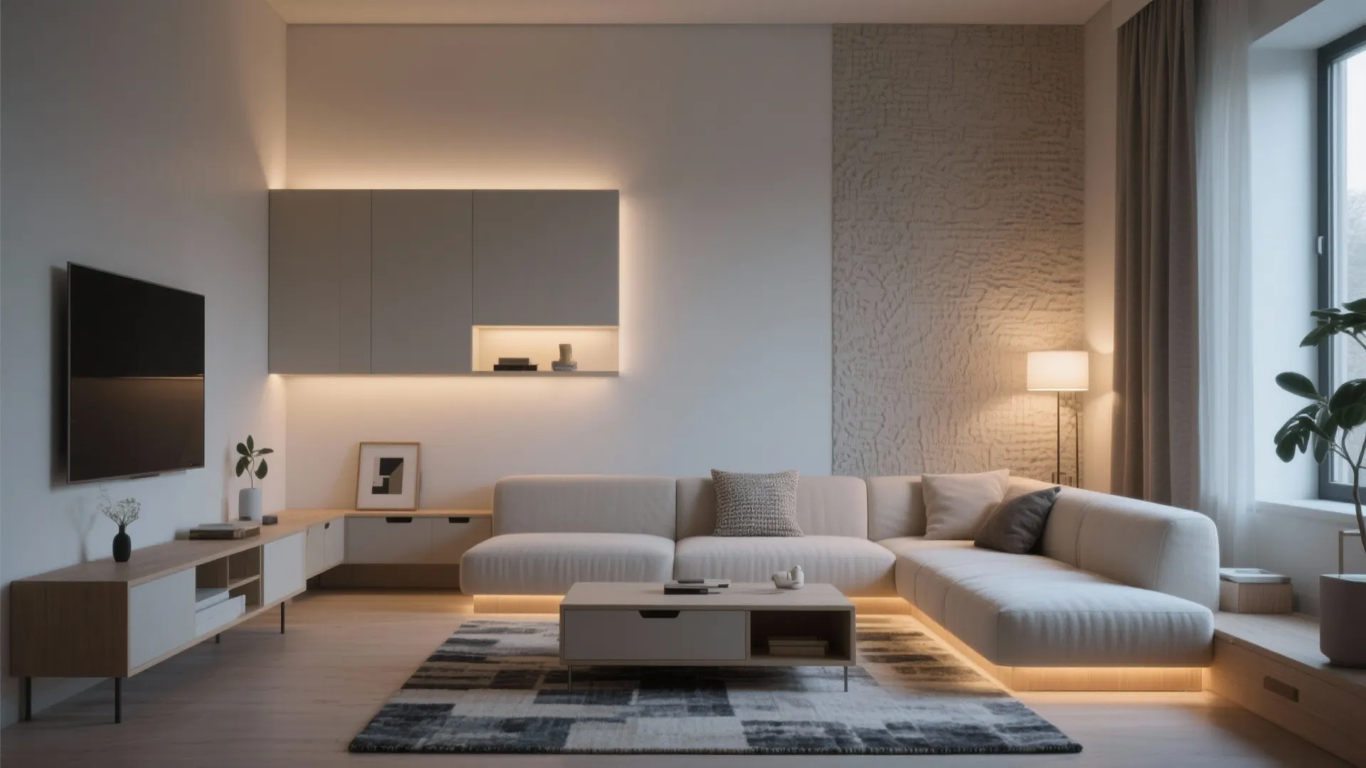 Modern living room with white sofa geometric rug television wall cabinet and warm yellow lighting