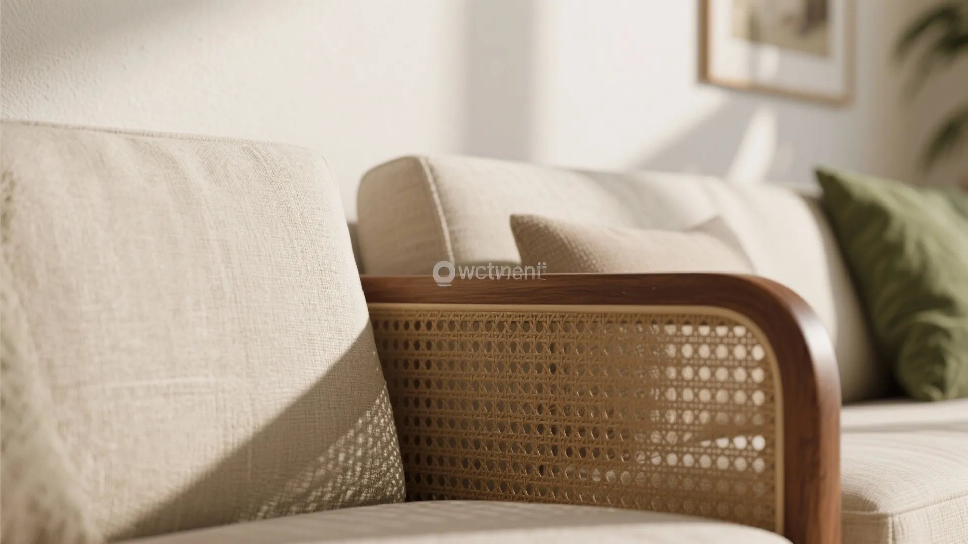 Close up of a cream fabric sofa with wooden armrest and woven details in warm sunlight