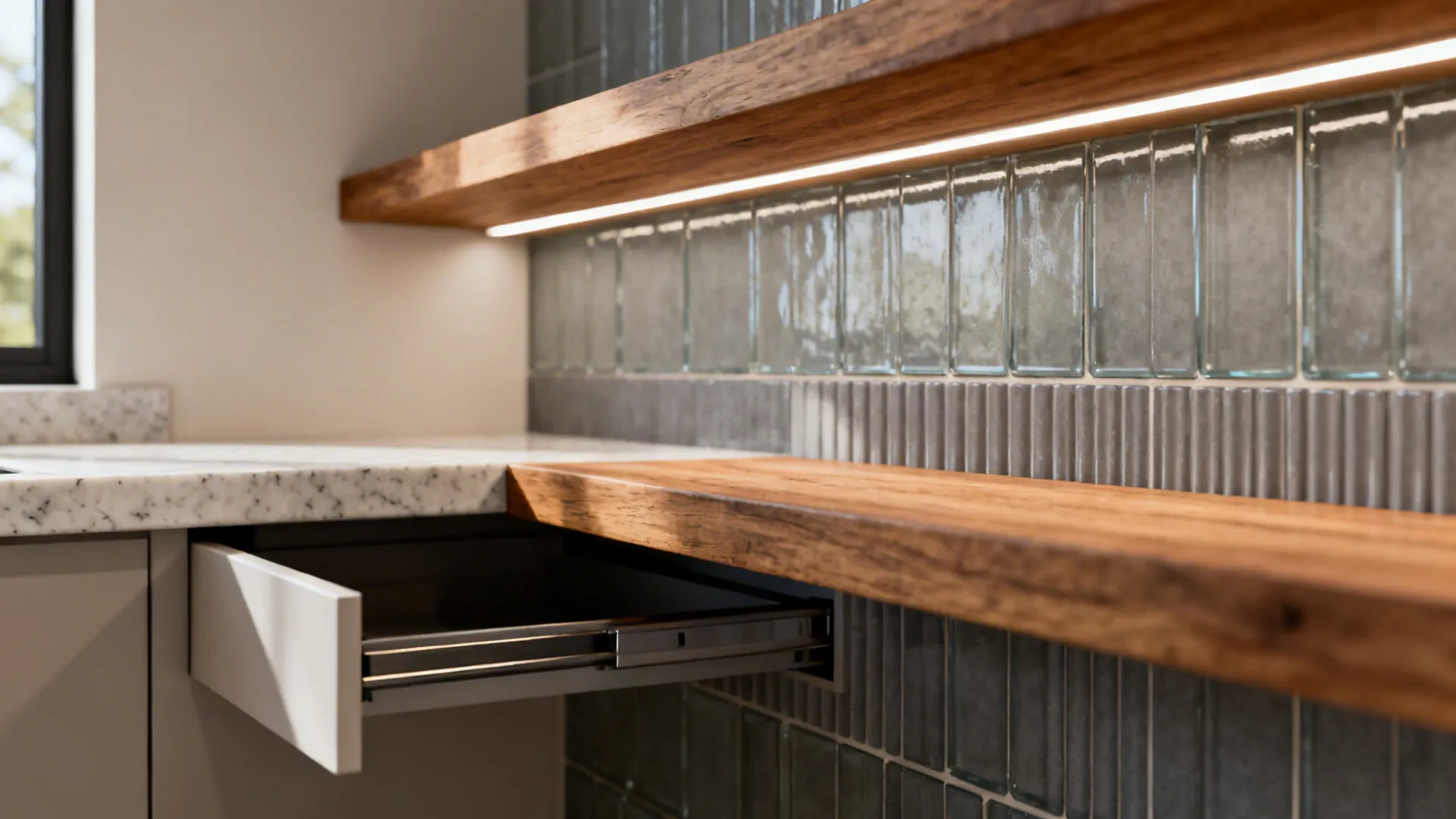 Macro of quartz edge, gray glass backsplash, and oak shelf with LED light washing ribbed tile.