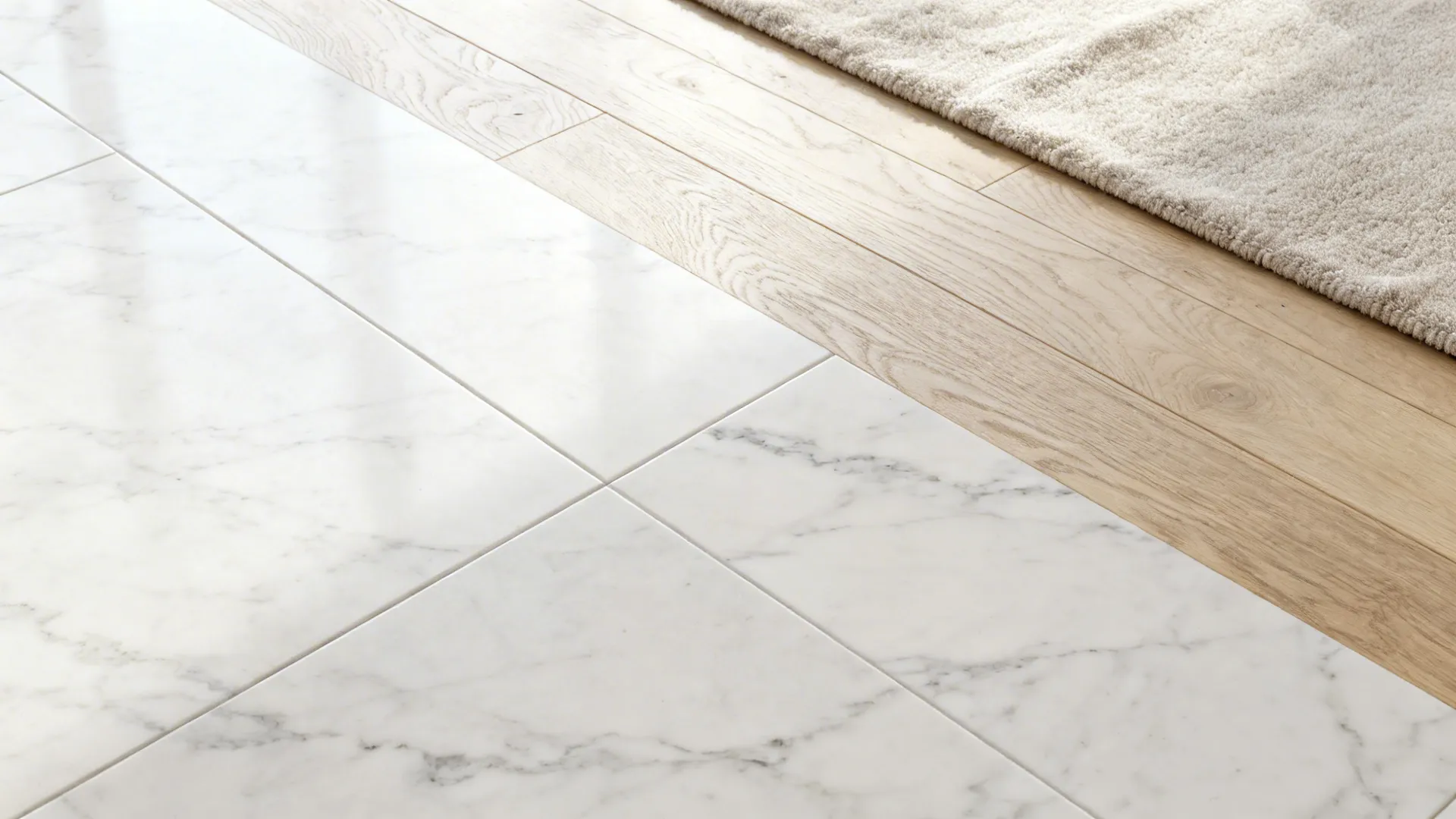 Close-up of white marble floor with wood transition and rug edge in soft daylight.