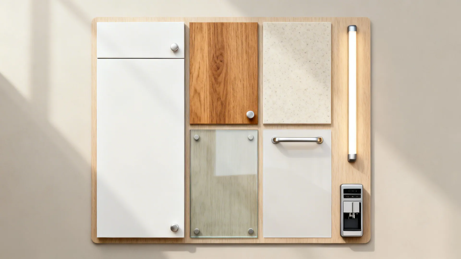 Interior design material board with wood panel white cabinet door stone sample glass and light