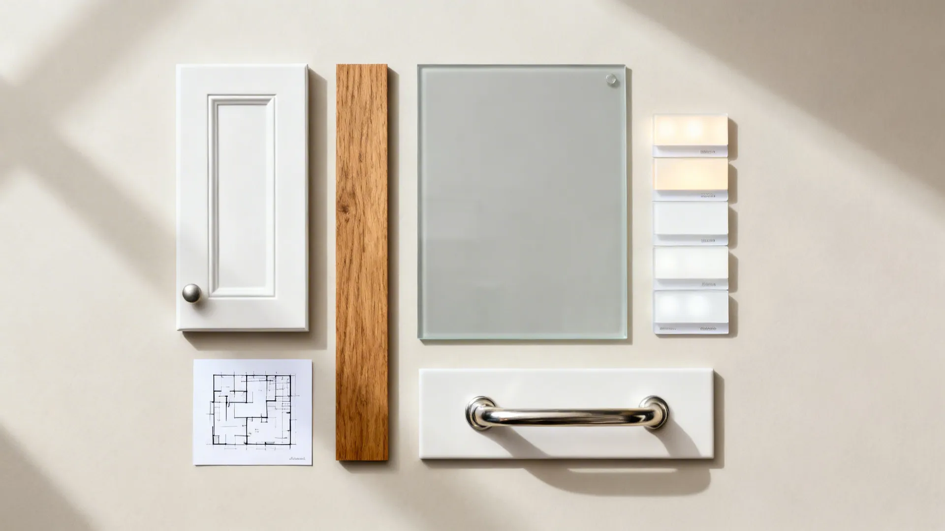 Flat lay with white cabinet chip, pale gray glass, oak strip, brushed nickel pull, and LED samples.